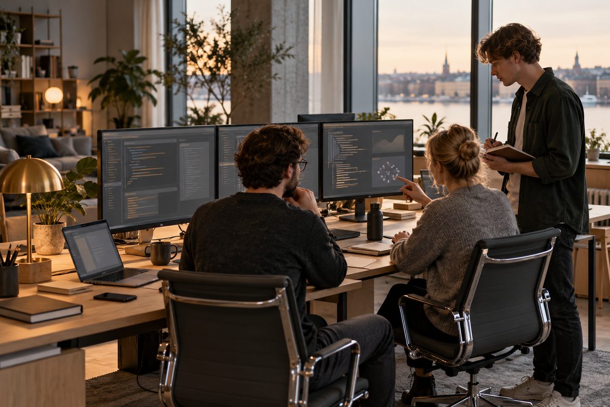 Tre utviklere samles ved skjermer i et lyst nordisk kontor, der en kollega peker på kode mens en annen noterer.