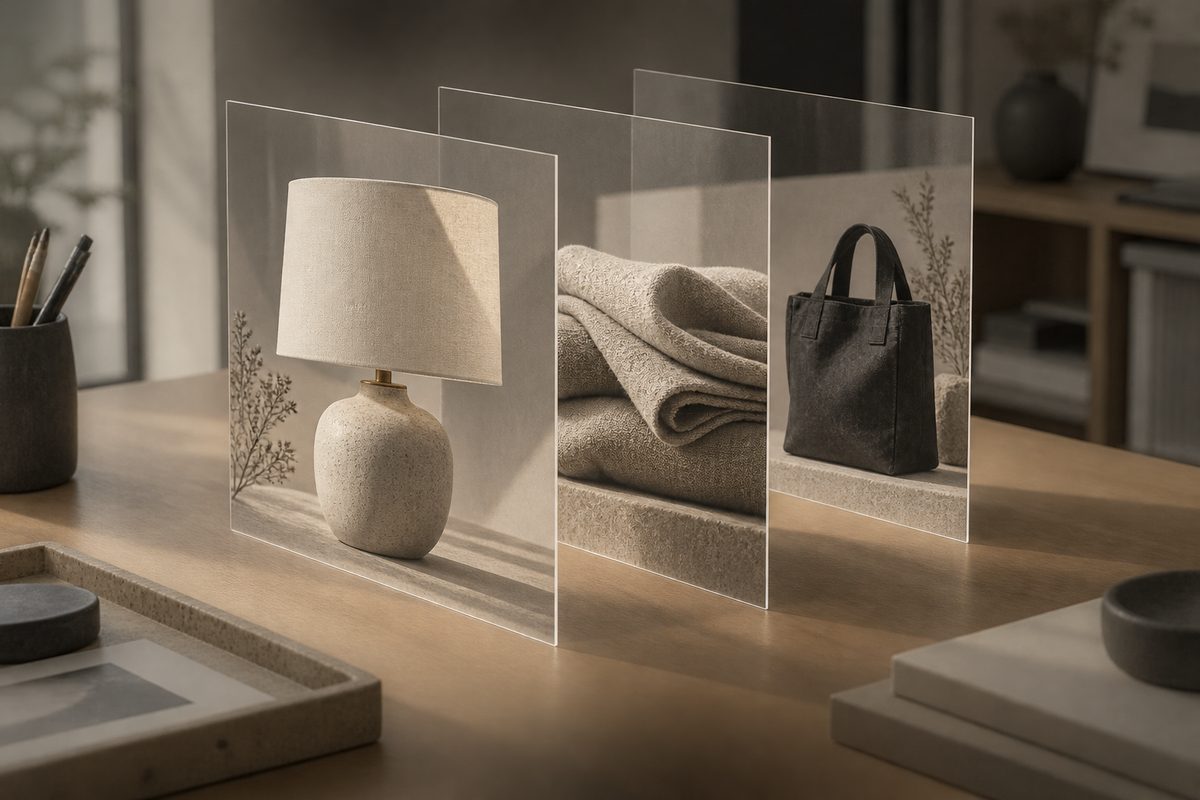 En keramisk lampe, brettede tekstiler og en mørk veske vises på tre separate, gjennomsiktige bildeplan over et trebord.