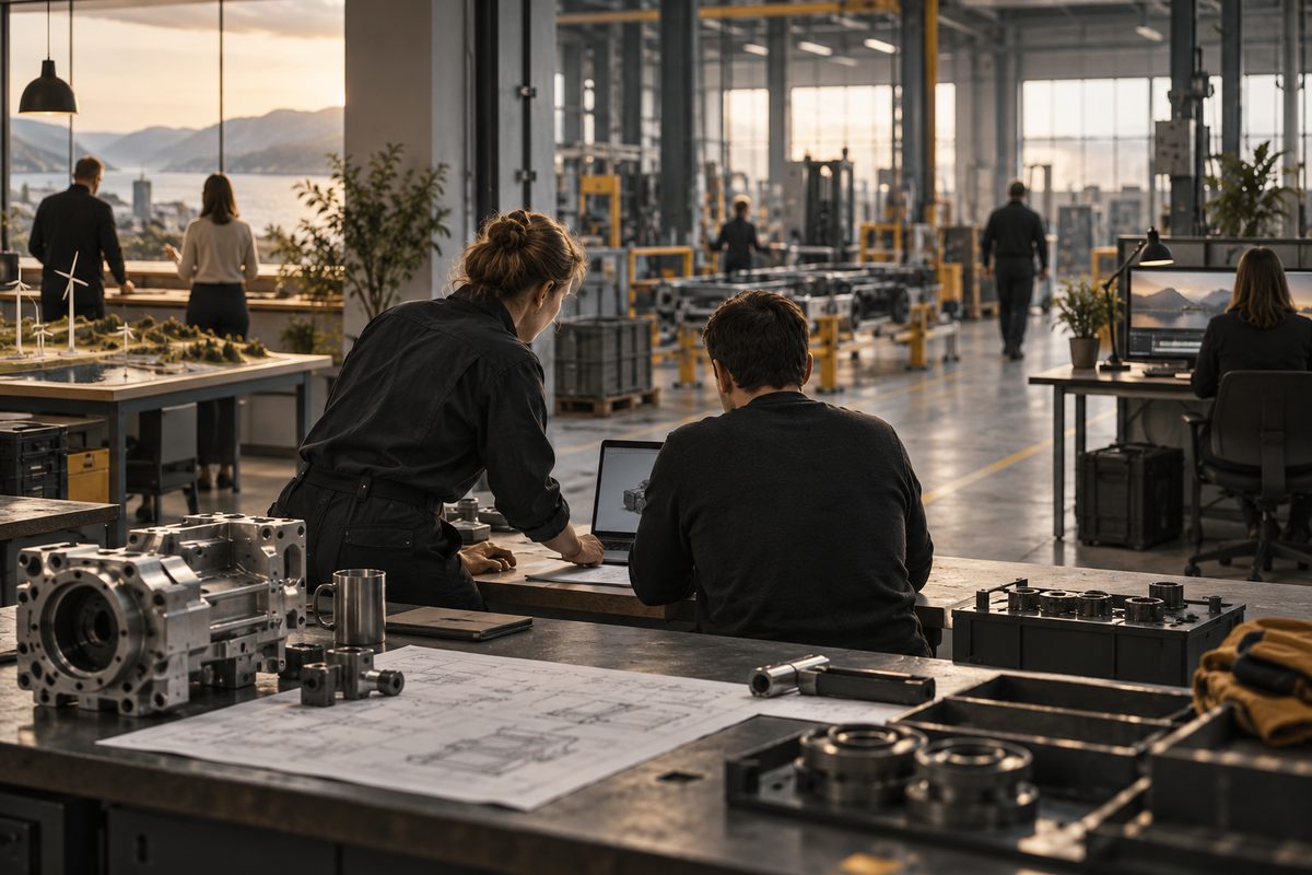 To arbeidere sett bakfra gransker en laptop ved tegninger i en moderne fabrikk, mens produksjonslinjer og arbeidsstasjoner fyller rommet.