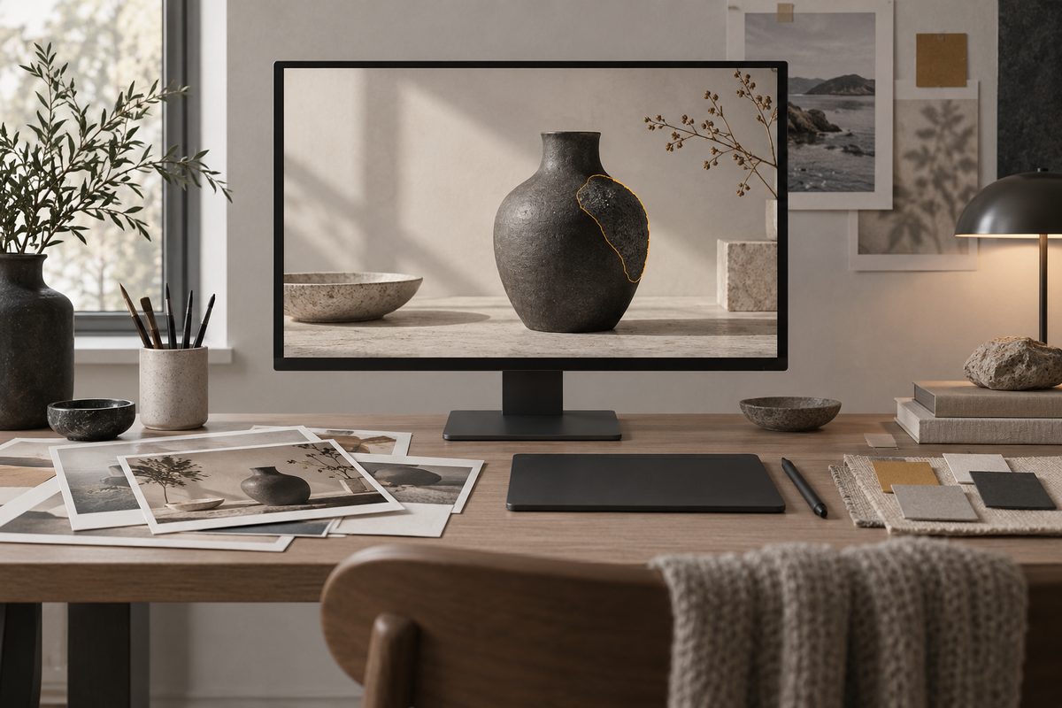 En arbeidsstasjon viser en vase med markert redigeringsfelt, omgitt av prøvebilder, fargekort og tegneverktøy.