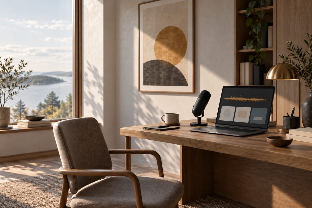 En mikrofon og en bærbar datamaskin med lydbølge og oppgavefelt står i et lyst hjemmekontor med utsikt mot fjorden.