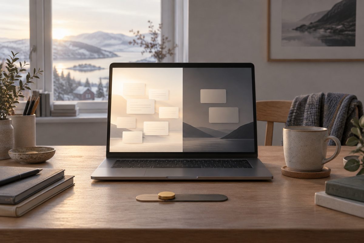På hjemmekontorpulten står en PC med en lys skjerm full av kort ved siden av en mørk flate med få kort, foran et vinterlig fjordvindu.