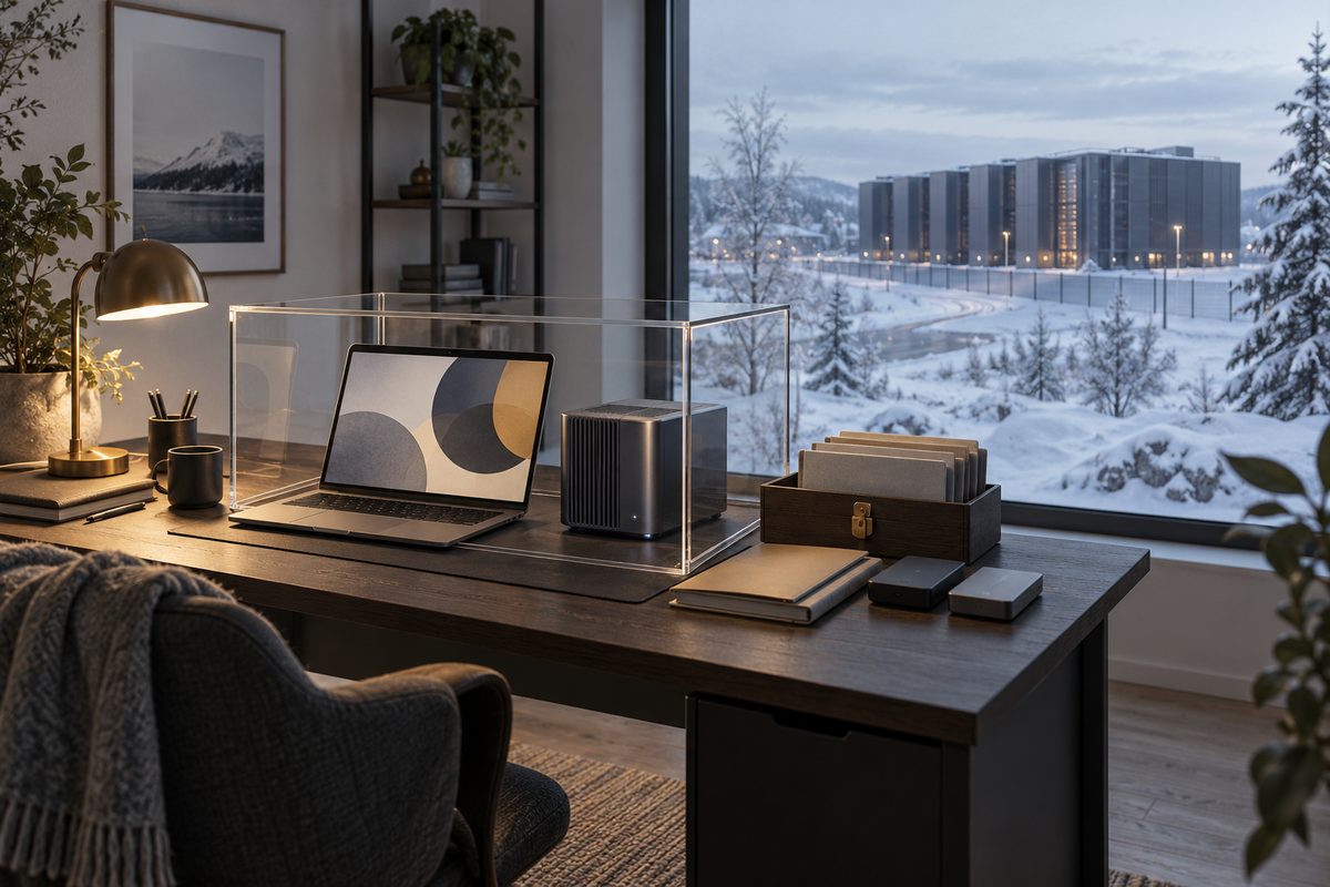 En laptop og en kompakt datamaskin står i en glassavskjerming, med et datasenter synlig utenfor det snødekte vinduet.