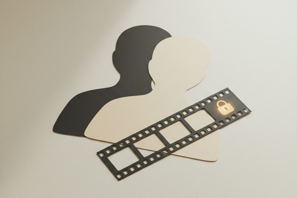 Overlappende papirsilhuetter og en filmstripe illustrerer ansiktsbytte og personvern