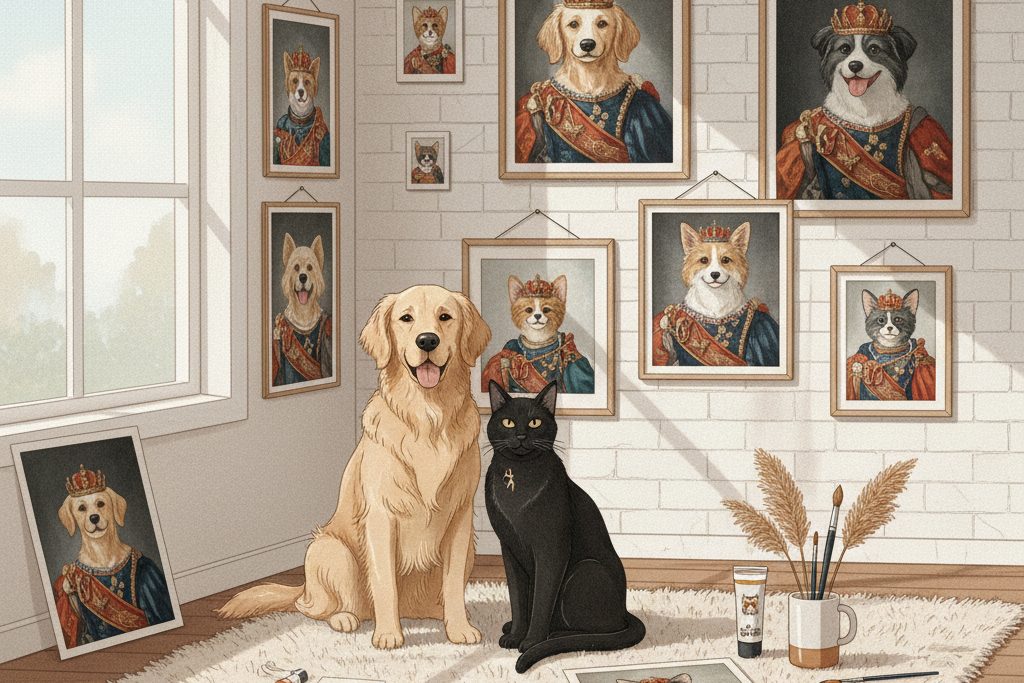 Hund og katt ved innrammede kjæledyrportretter i et lyst atelier