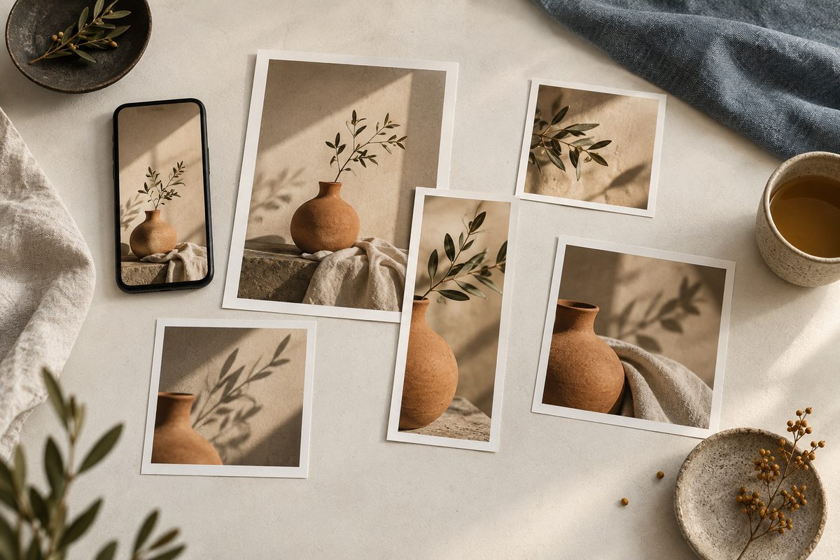 En mobil og fotografier i kvadratiske og stående formater viser en terrakottavase, tekstiler og grønne kvister sett ovenfra.