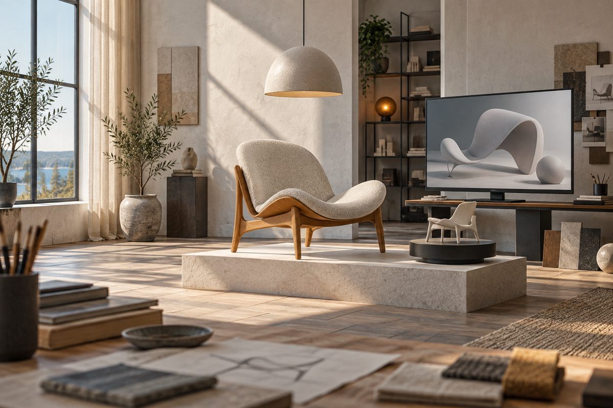 Lyst nordisk designstudio med skulpturell stol, liten produktmodell på dreieskive og abstrakt 3D-form på skjerm.