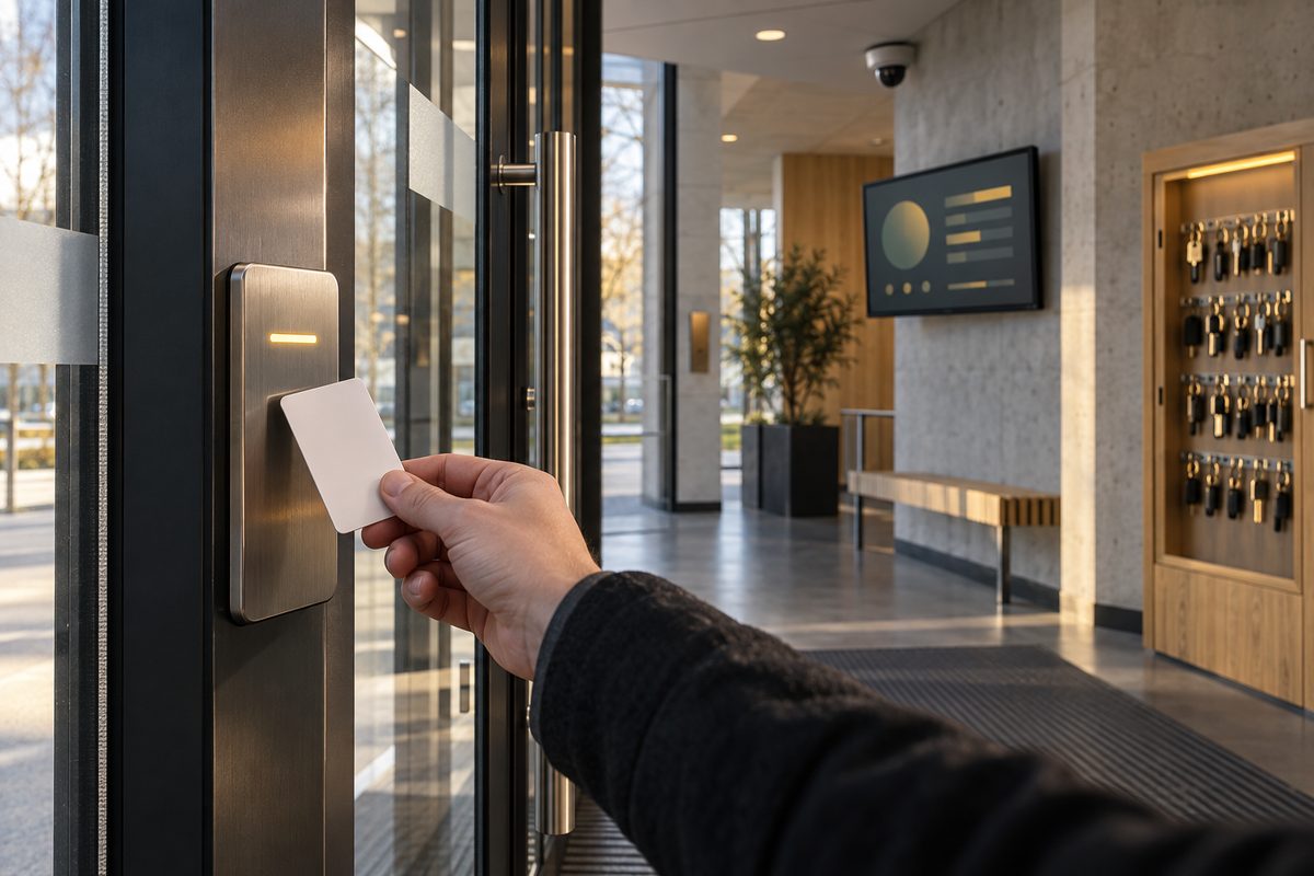 En hånd holder et blankt adgangskort mot en lysende adgangsleser i en nordisk glassinngang med kamera, skjerm og nøkkelskap.