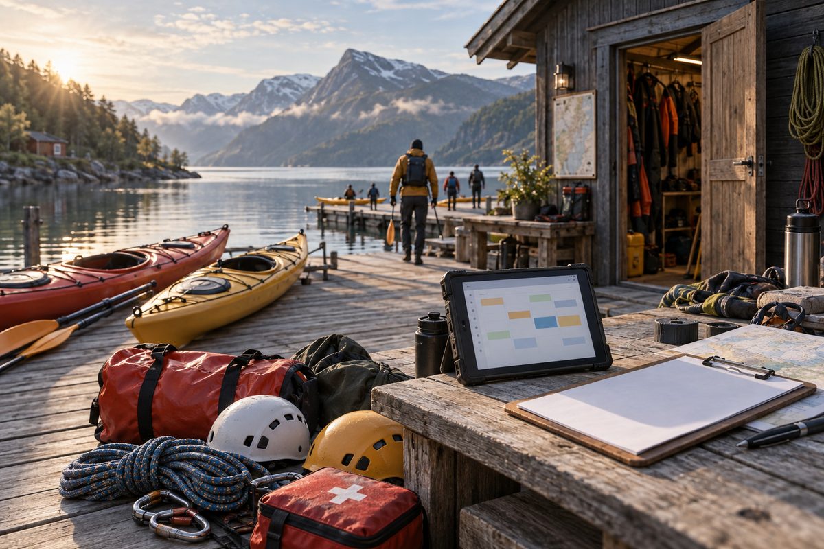 Aktivitetsbase ved en nordisk fjord med kajakker, sikkerhetsutstyr, blankt skjema og nettbrett med abstrakte bookingblokker.