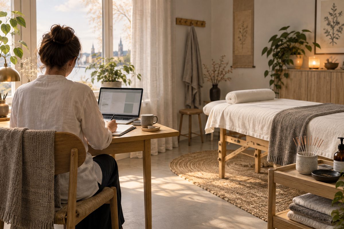 Akupunktør arbeider ved et skrivebord i et lyst behandlingsrom med behandlingsbenk, nåler og diskret digital dokumentasjon.