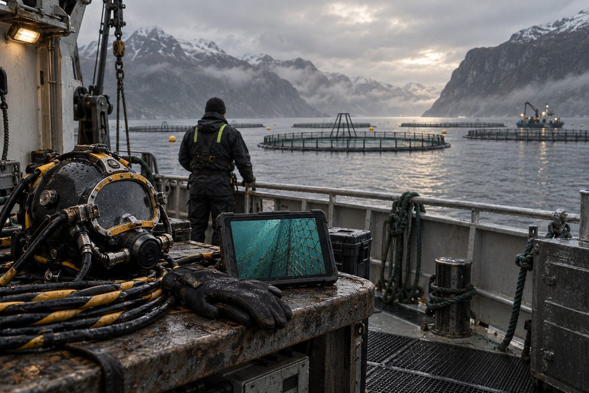 Dykkerhjelm, slanger og nettbrett med bilde av en not på et båtdekk, med en arbeider og oppdrettsmerder i fjorden.