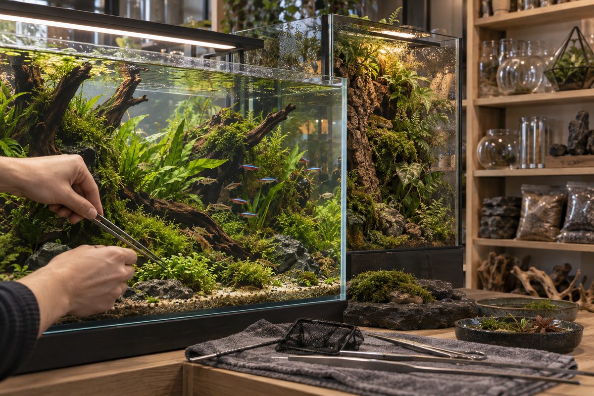Et frodig akvarium og et terrarium står side om side i en nisjebutikk, mens hender steller planter med presisjonstang.