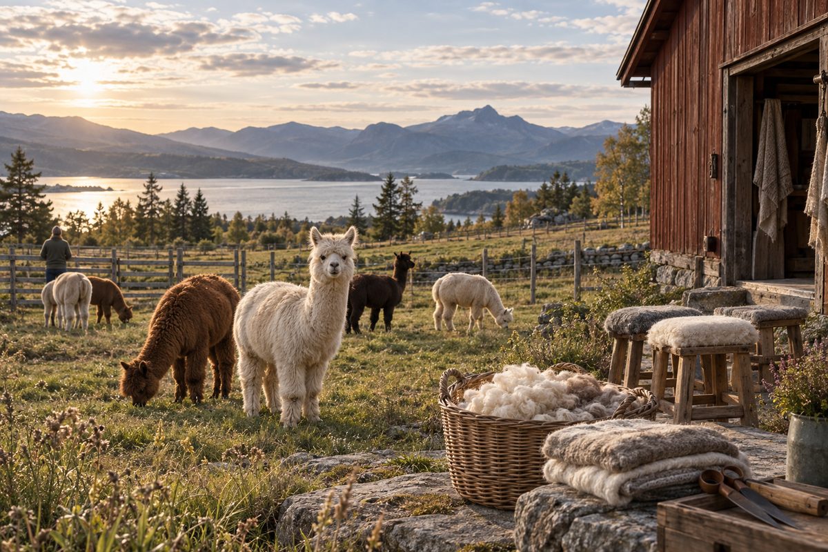Alpakkaer beiter ved en norsk gård med fjell og fjord i bakgrunnen, mens ull, tekstiler og arbeidsverktøy ligger ved fjøset.