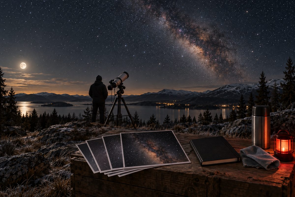 Teleskop og observatørsilhuett står under stjernehimmelen ved en norsk fjord, med flere astrofotografier stablet på en trekasse.
