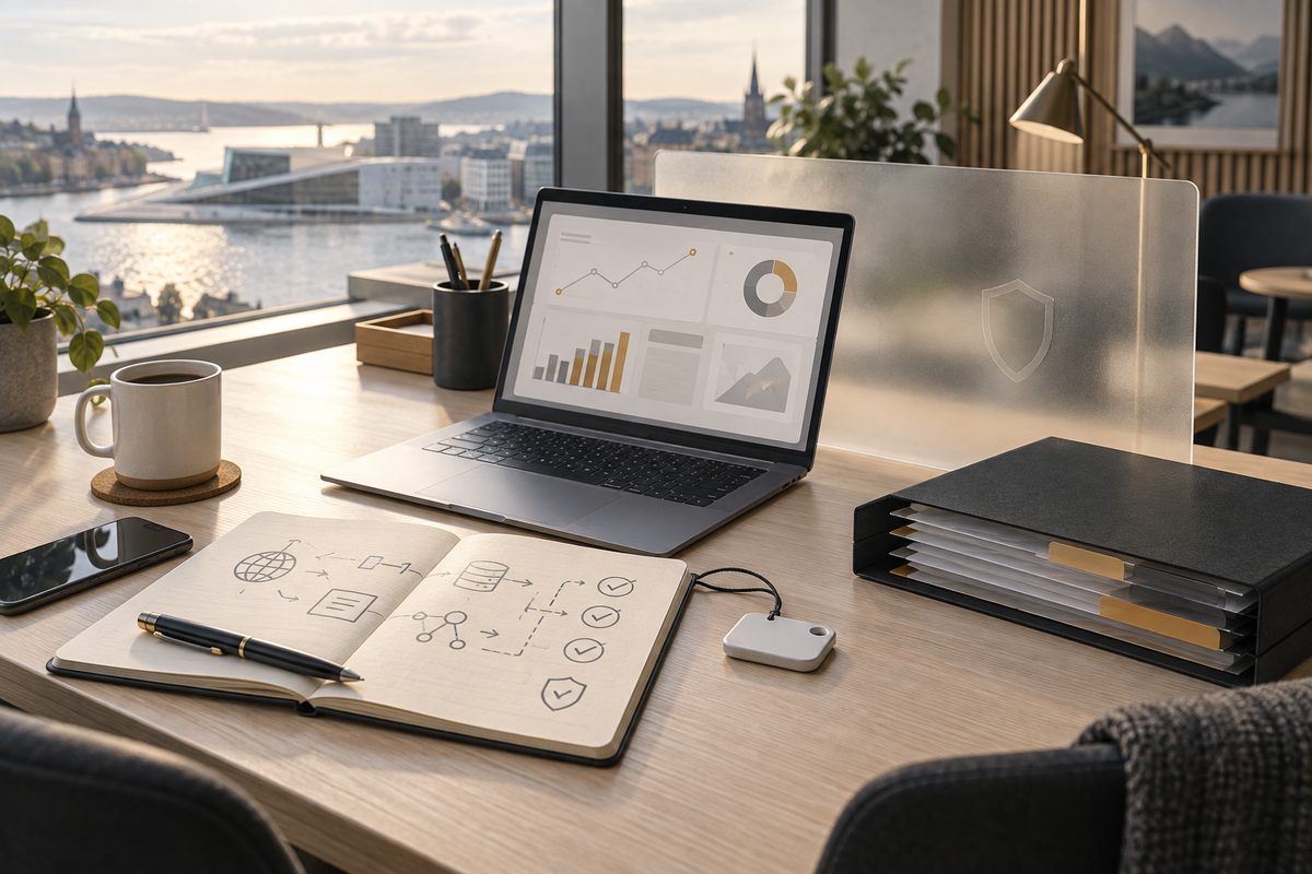 Nordisk arbeidsplass med laptop med abstrakte målediagrammer, sporingsskisse, datamappe og skjerm som antyder personvern.