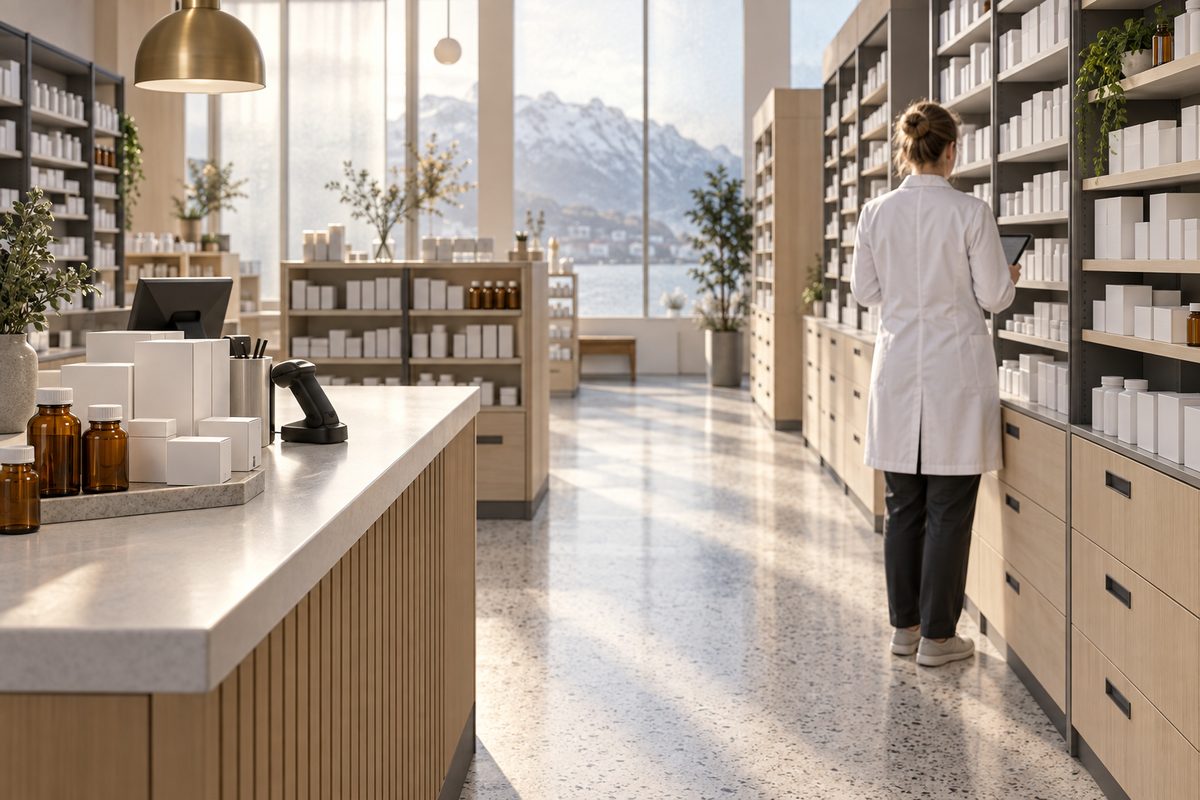 En apotekansatt med nettbrett står foran hyller med hvite esker, mens brune medisinflasker og en skanner står på disken.