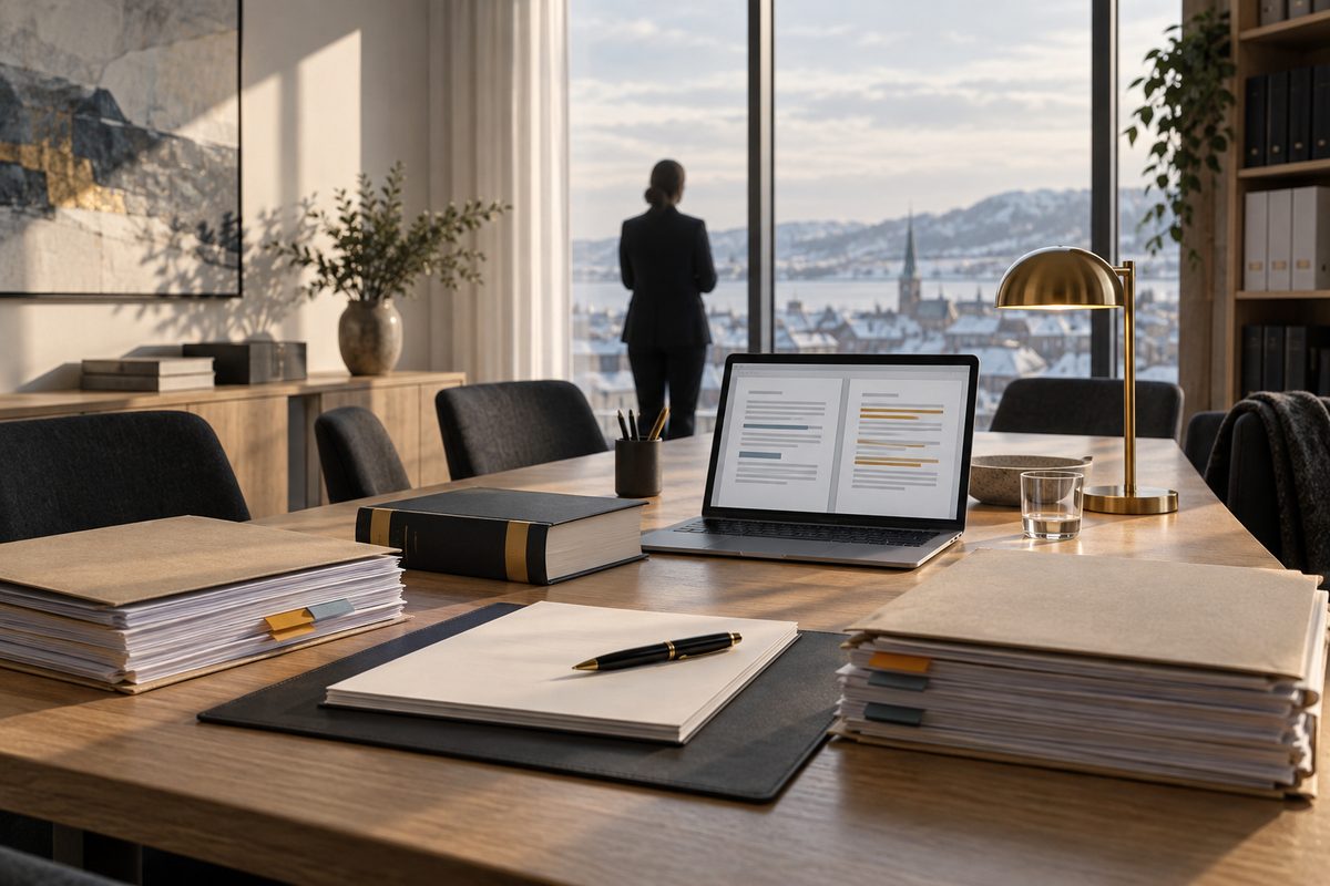 Lyst nordisk rådgiverrom med kontraktsmapper, regelverksbok, fargefaner, laptop med abstrakt dokumentvisning og rådgiver i silhuett.