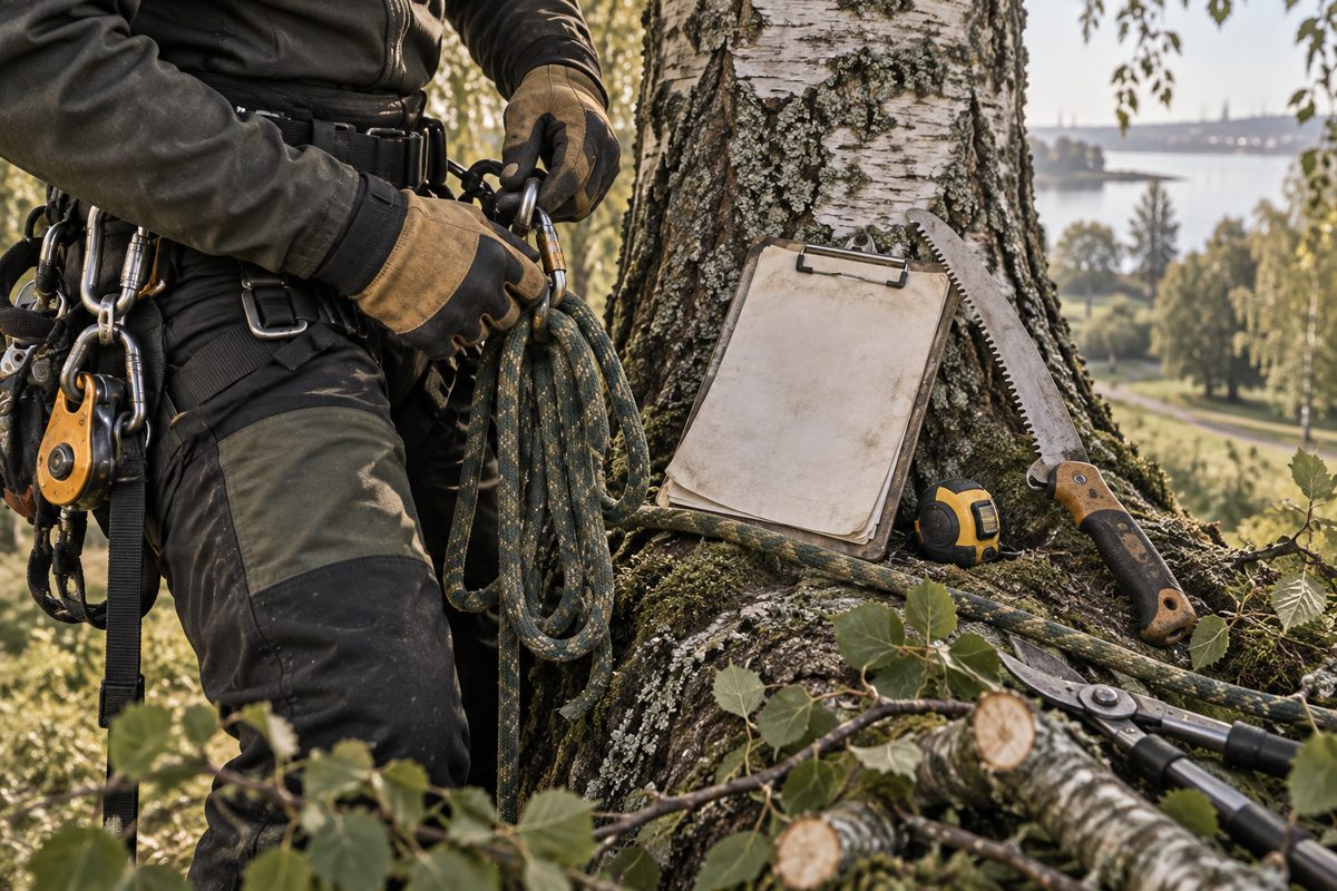 Arboristens hender håndterer klatreutstyr, tau og beskjæringsverktøy ved en bjørk, med blank dokumentasjon på et skrivebrett.