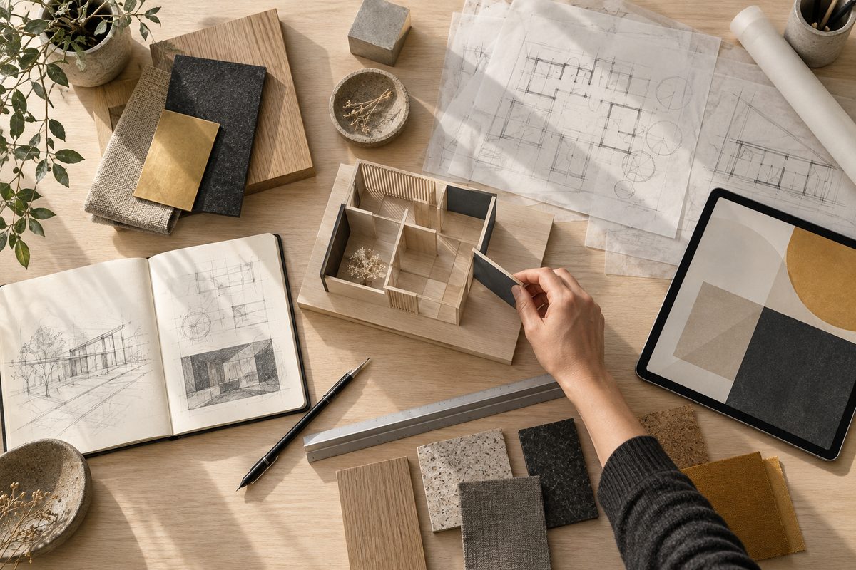 Arkitekthender justerer en liten tremodell blant skisser, materialprøver, linjal og nettbrett på et lyst nordisk arbeidsbord.