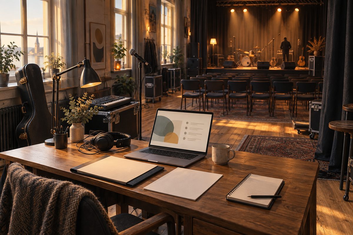 Bookingbord med blanke dokumenter og bærbar skjerm foran et lite nordisk konsertlokale med mikrofon, instrumenter og tom scene.