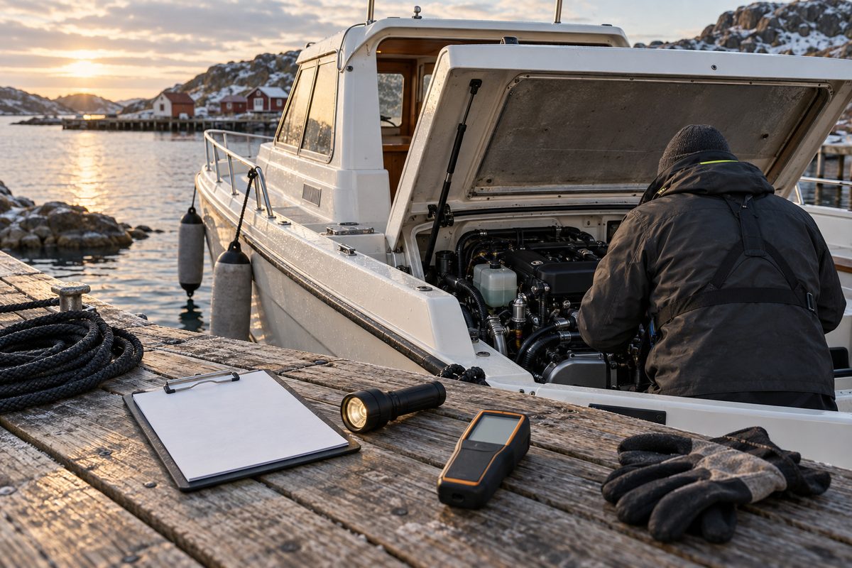 Båttakst ved brygga med åpent motorrom, blankt inspeksjonsark, lommelykt og arbeidshansker i kveldslys.