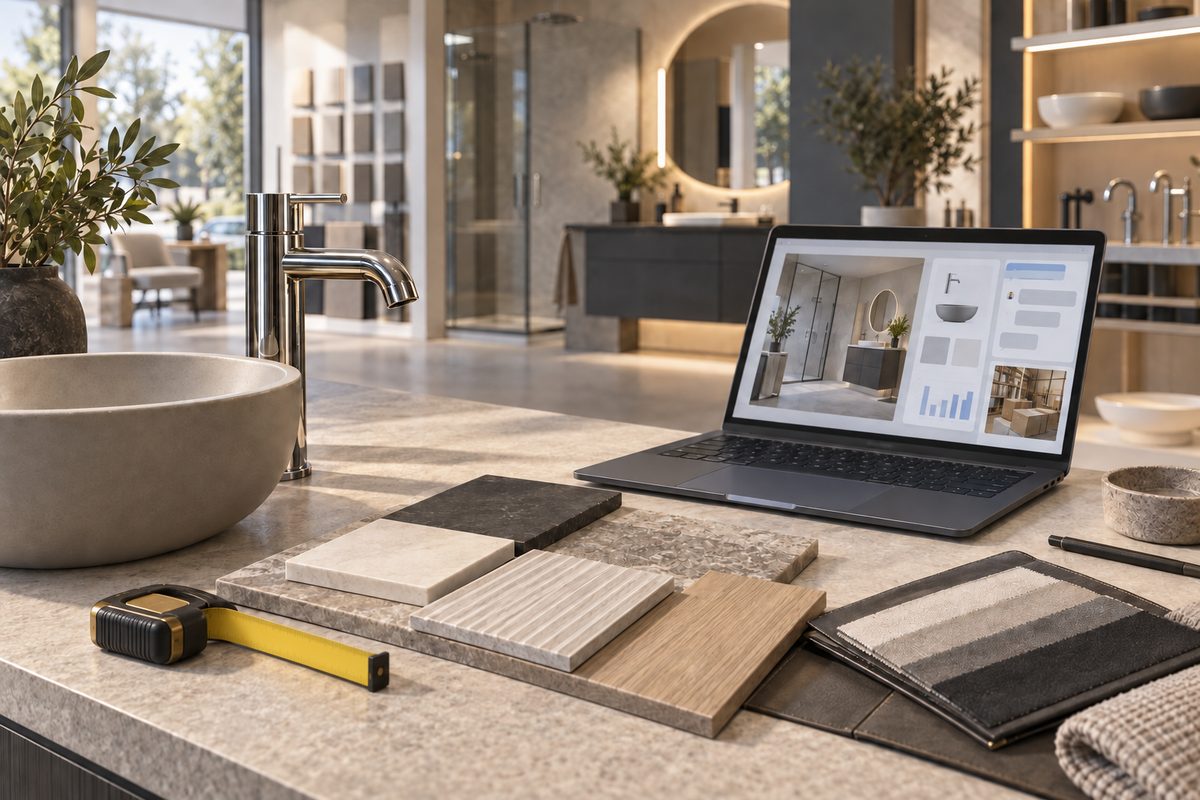 Baderomsprodukter, materialprøver og en bærbar skjerm ligger samlet på arbeidsbordet i et lyst nordisk showroom.