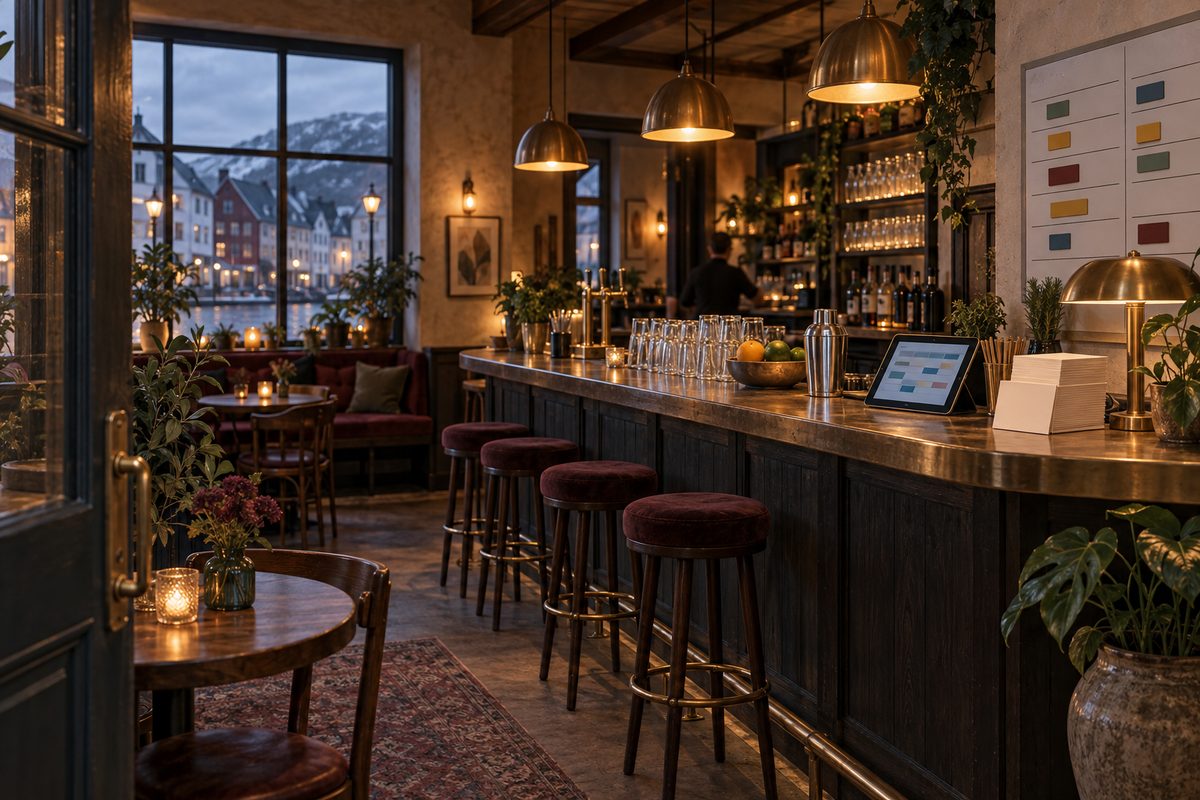 Varm pub ved skumring med blanke meny- og vaktplankort, nettbrett, drinkutstyr og en fjordby utenfor vinduet.