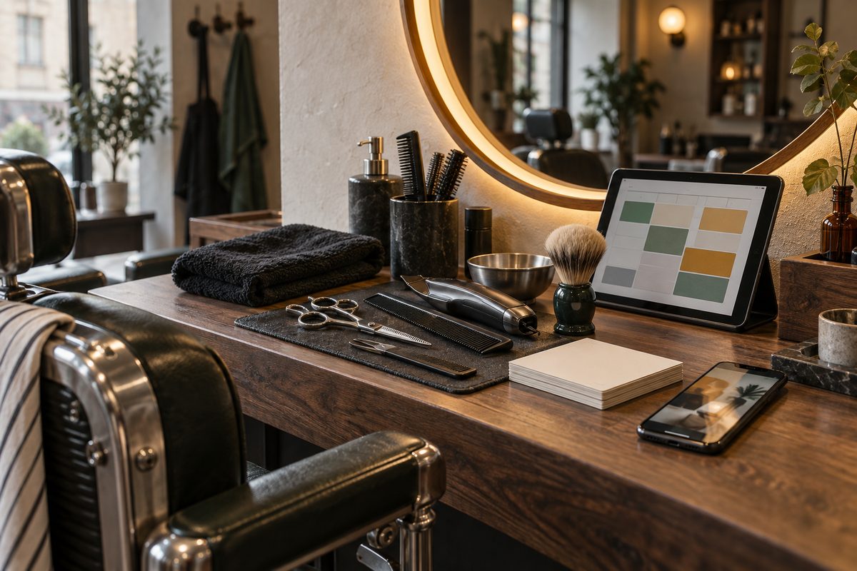 Barberstasjon med saks, kammer, klipper, håndkle og blanke kort ved siden av nettbrett med abstrakte bookingblokker.