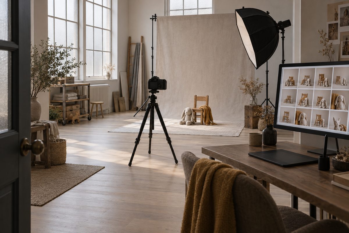 Et lyst fotostudio med barnestol, kosekanin, kamera på stativ og en skjerm med små bilder av stol og leketøy.