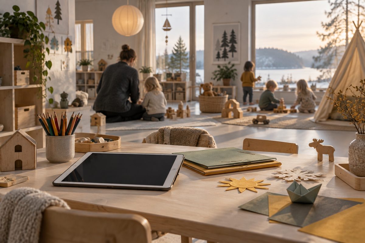 Lyst barnehagerom med arbeidsbord, nettbrett, mapper og fargeblyanter foran en pedagog som hjelper et barn.