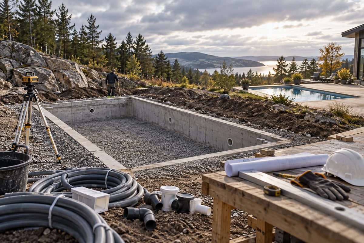 Basseng under bygging med rør, laserverktøy og verneutstyr i forgrunnen, omgitt av norsk skog, fjord og åser.