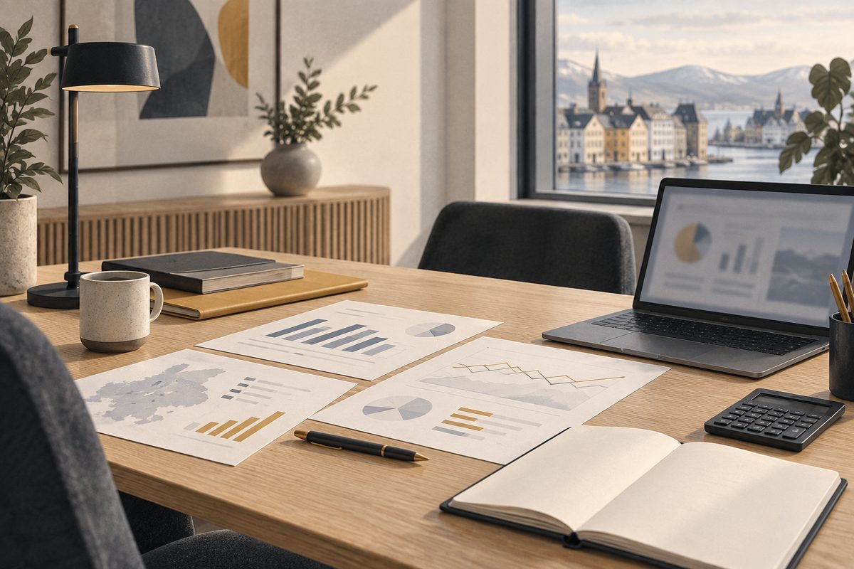 Arbeidsbord med markedsdiagrammer, laptop uten lesbar tekst og kalkulator i et lyst nordisk rådgiverkontor.