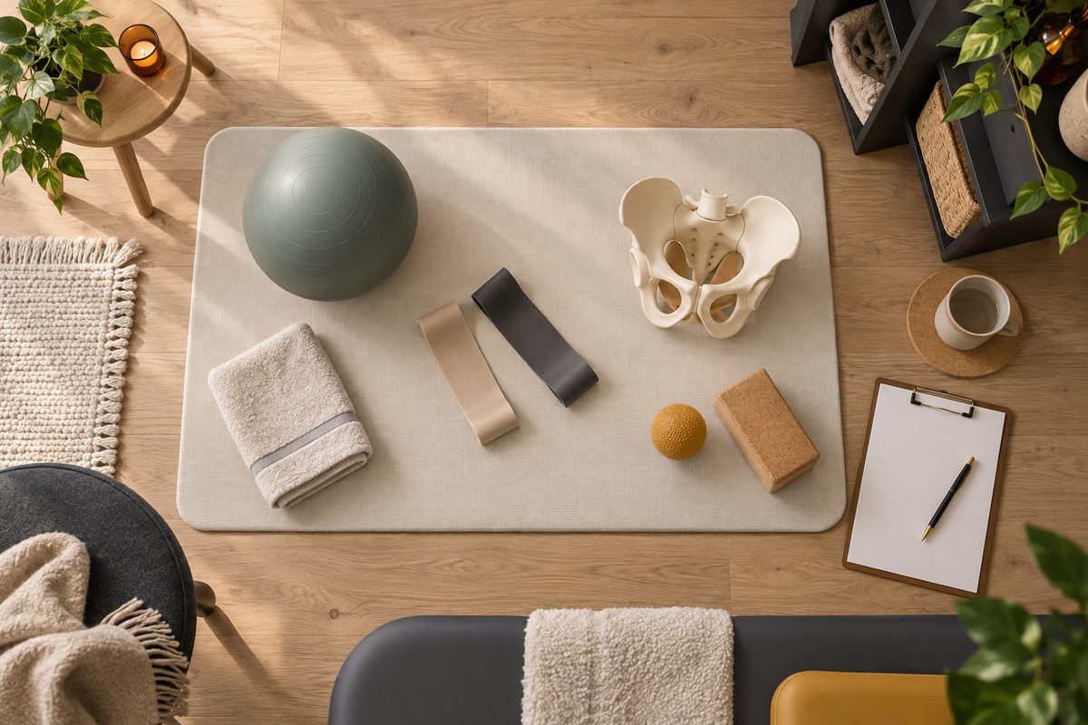 Sett ovenfra med treningsmatte, ball, strikker, bekkenmodell og blank journalplate i en lys klinikk.