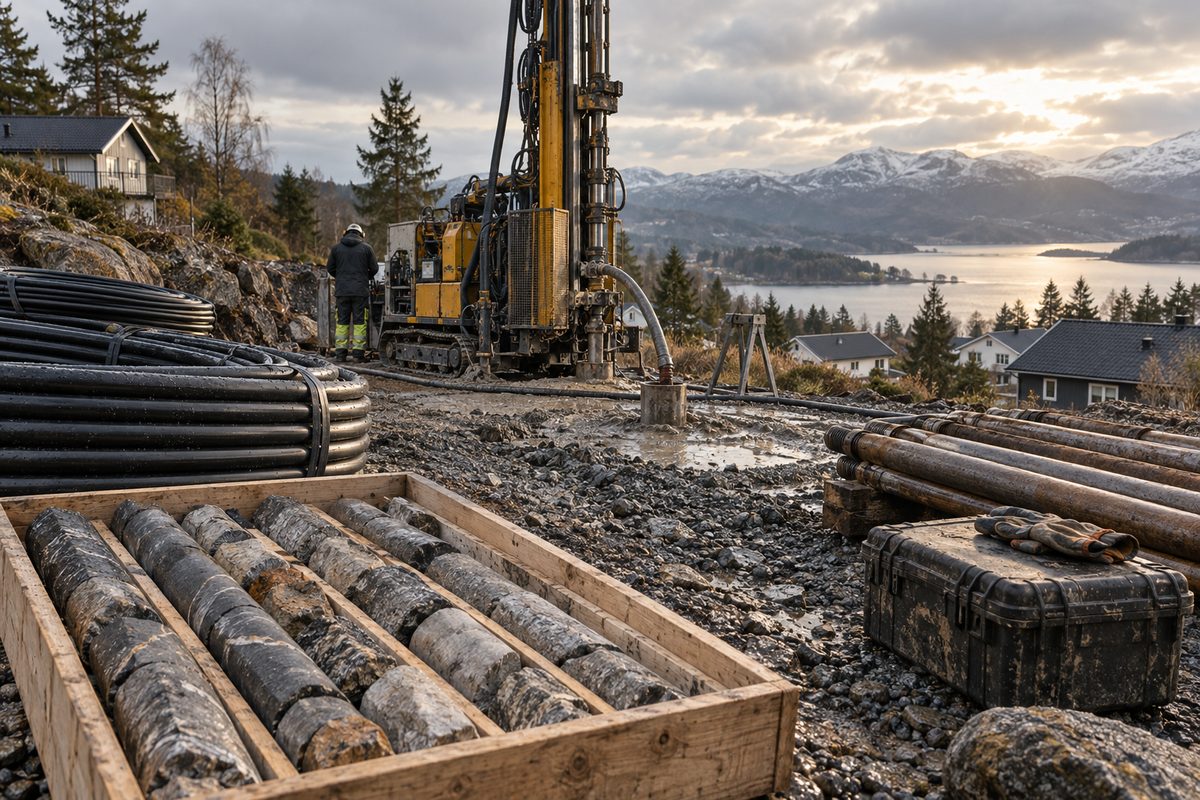 Borerigg på grusplass med borekjerner, slanger og boliger foran snøkledde fjell i et nordisk landskap.