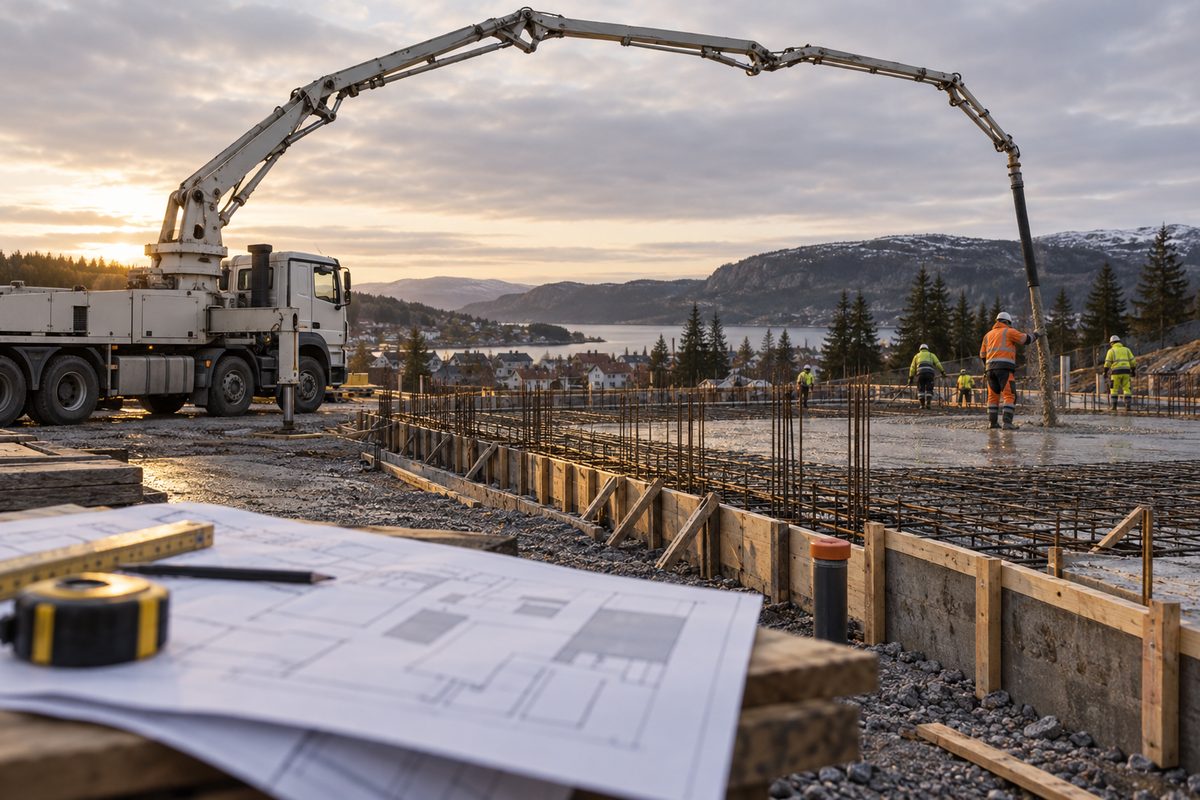 Betongpumpe med lang bom støper en armeret grunnmur ved fjord og fjell, mens en plan ligger uskarpt i forgrunnen.
