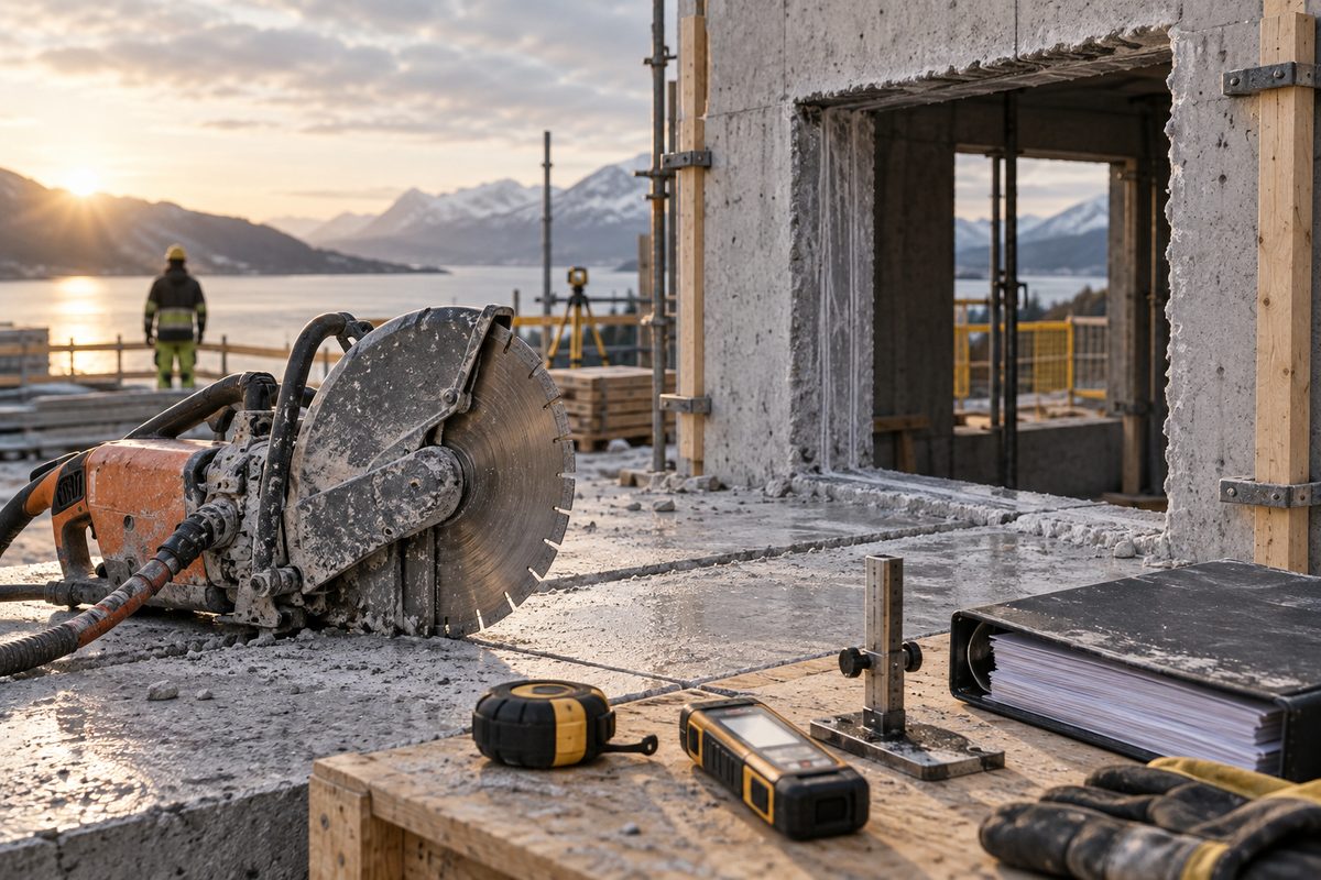 Betongsag, måleverktøy og verneutstyr står på en støvete byggeplass med fjord og fjell i bakgrunnen.