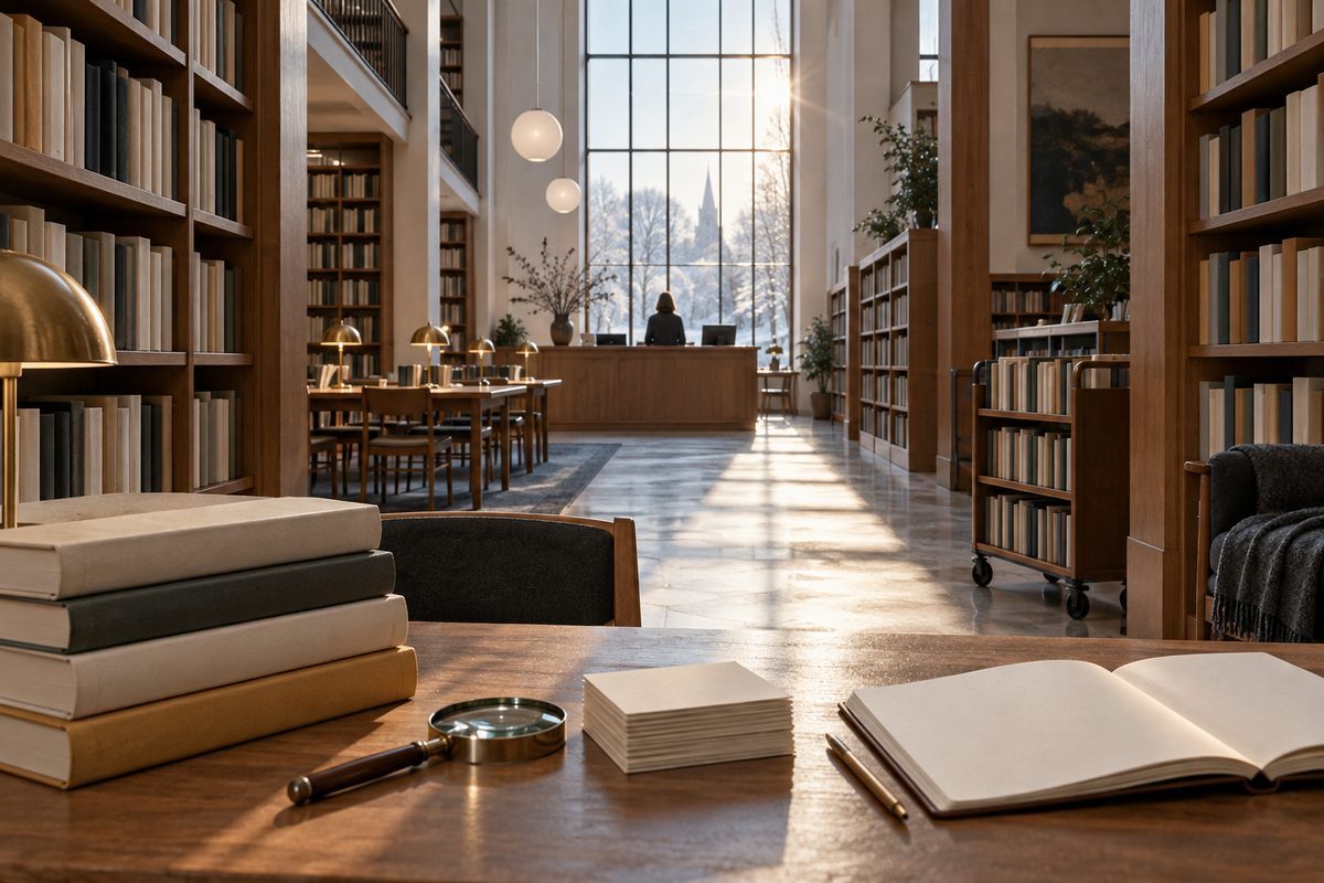 Bøker, lupe og blanke katalogkort ligger på et trebord foran en lys nordisk bibliotekgang.