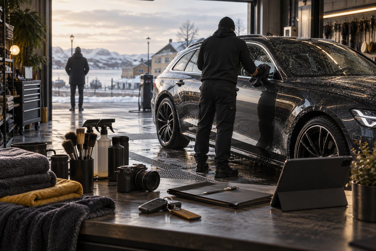 Åpen nordisk detailingshall med våt bil, stablede mikrofiberkluter, børster, kamera, bilnøkler og fjellandskap utenfor.