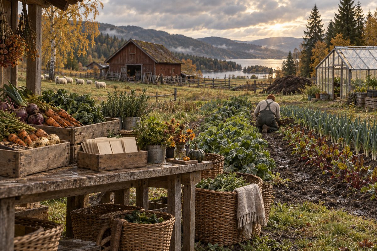 Høstgrønnsaker og kurver står ved en biodynamisk gård med åkre, drivhus, sauer og en bonde som arbeider i jorda.
