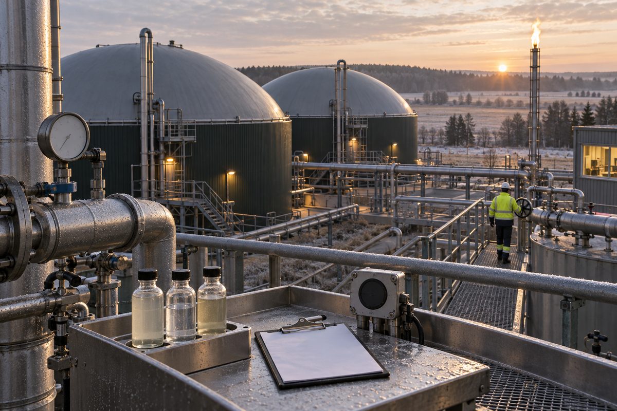 Prøveflasker og blankt skjema står på en serviceplattform foran råtnetanker, rør og målere ved et nordisk biogassanlegg.