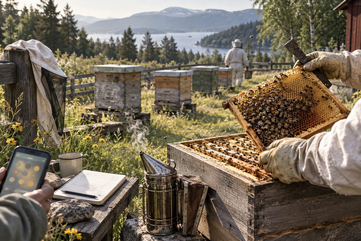 Åpne bikuber, honningramme, røykpuster og hanskede hender i en norsk bigård med fjord og fjell i bakgrunnen.
