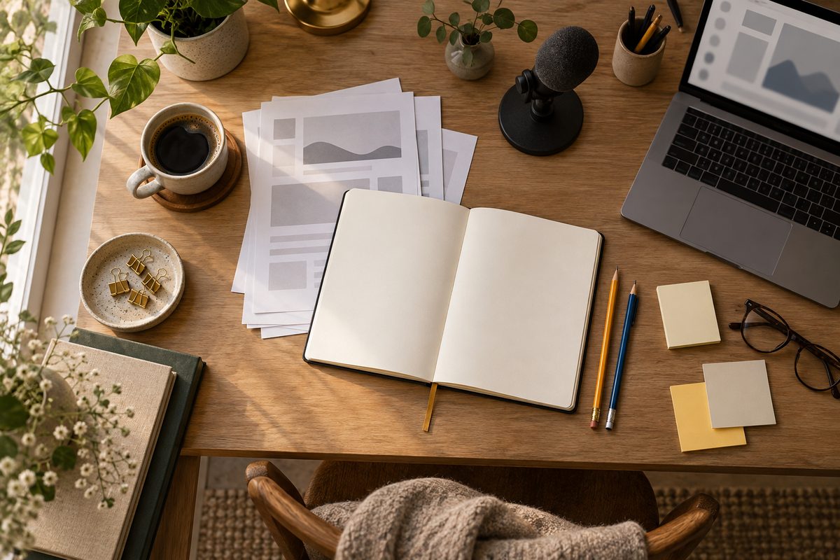 Åpen notatbok, blyanter, mikrofon og blanke manusark på et nordisk skrivebord med kaffe og laptop.