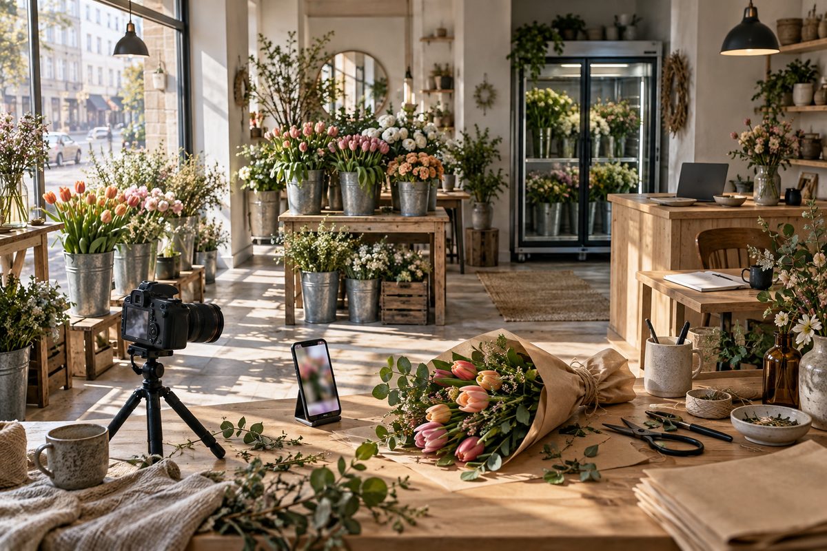 Blomsterbutikk med friske buketter, kamera, mobil og arbeidsbord i varmt nordisk dagslys.