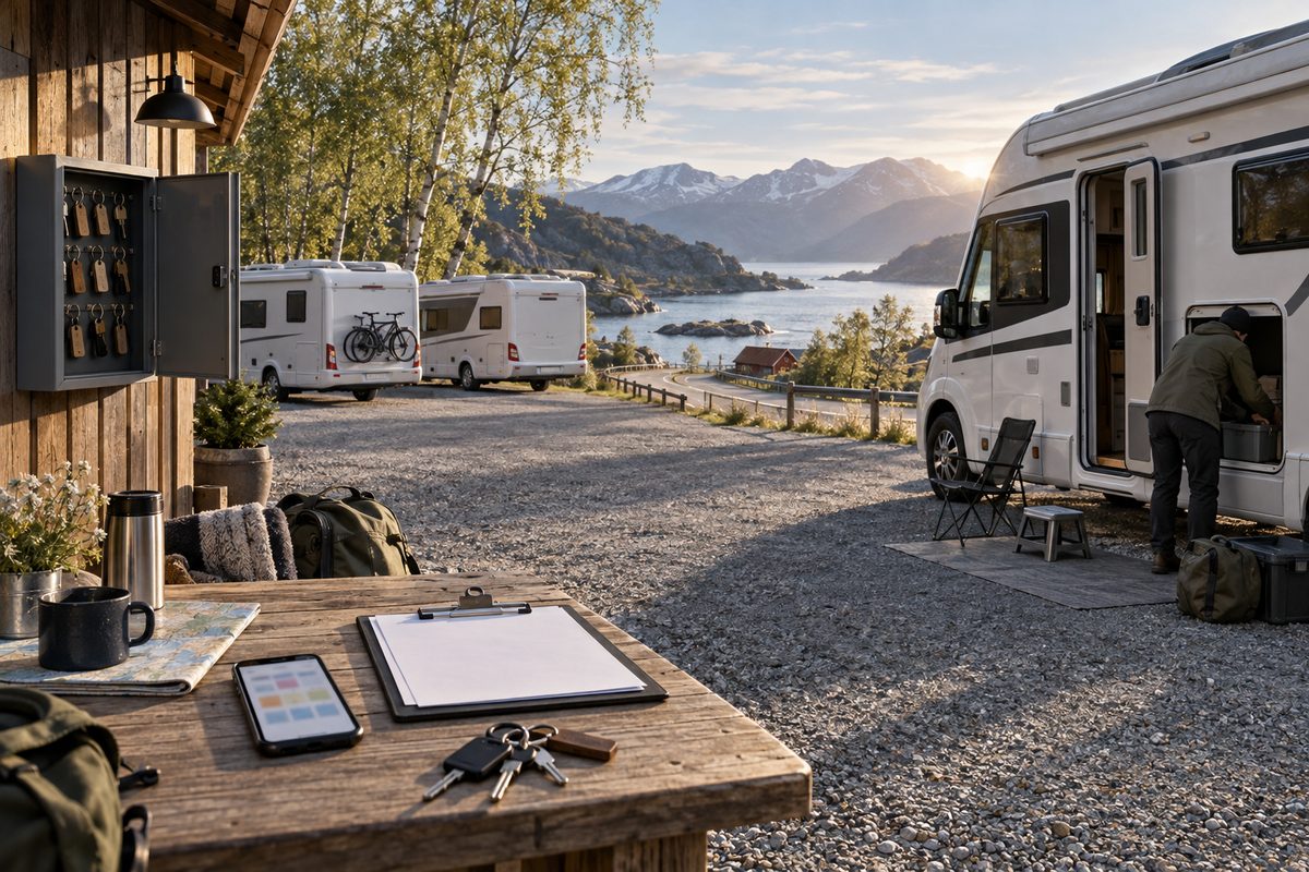 Bobilflåte ved en norsk fjord med nøkkelskap, blankt skjema og mobil på et arbeidsbord.