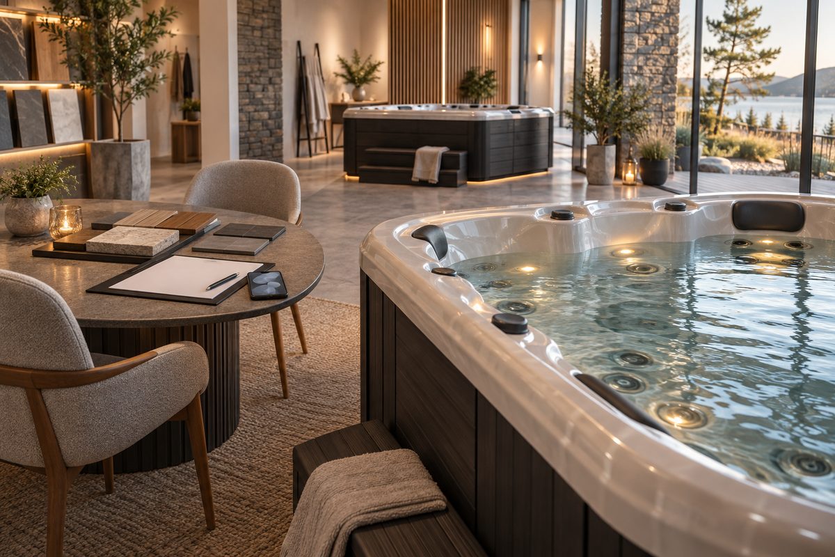 Spa-showroom med boblebad, blankt kontraktark, materialprøver og mobil ved et nordisk fjordvindu.