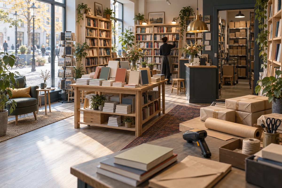 Nordisk bokhandel med bokhyller, utstillingsbord, pakkeplass, pappesker og lagerhyller i mykt dagslys.