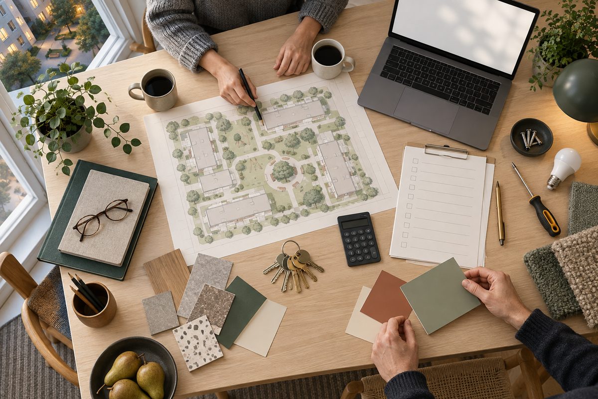 Bordarbeid rundt en plantegning av boligområde, med nøkler, sjekkliste, kalkulator, laptop og materialprøver på bordet.