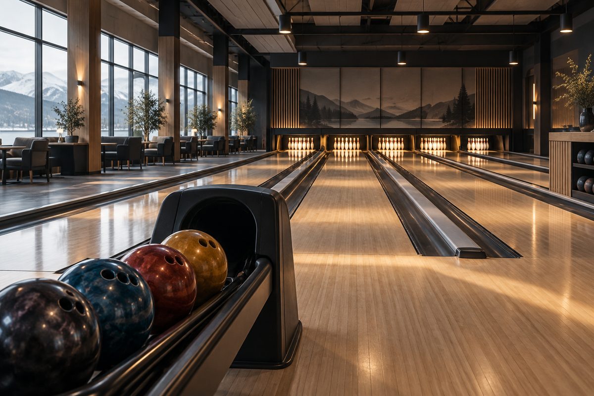 Nordisk bowlinghall med blanke baner, fargerike kuler, oppstilte kjegler og varmt lys mot snødekte fjell utenfor.