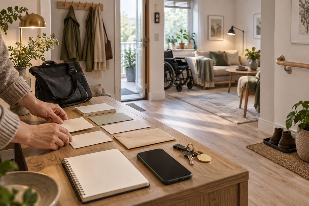 Tilgjengelig nordisk hjem med arbeidsmappe, blanke planleggingskort, nøkler og hender som koordinerer personlig assistanse.