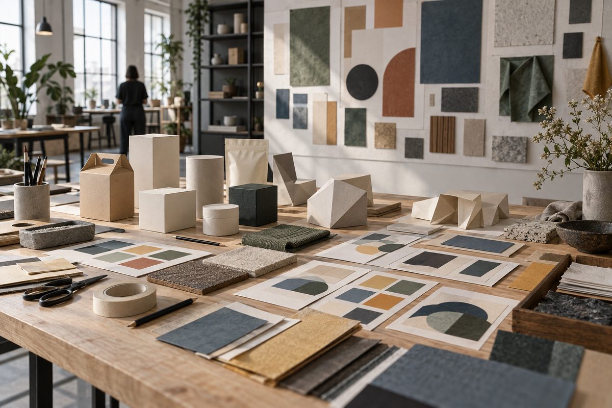 Nordisk brandingstudio med blanke emballasjeformer, fargeprøver, materialer og flere abstrakte designspor på arbeidsbordet.